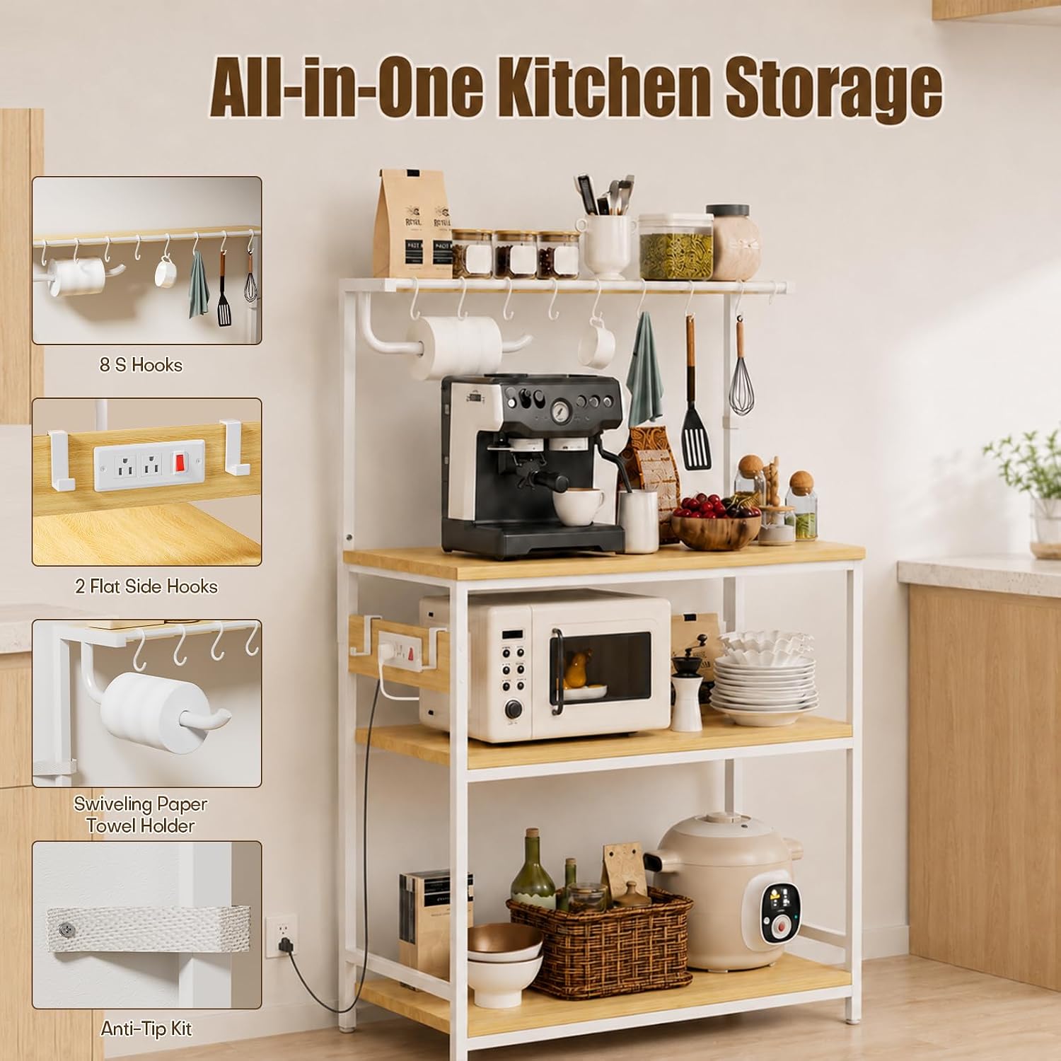 Homde Bakers Rack with Power Outlet: Adjustable 4-Tier Stand (Light Wood)