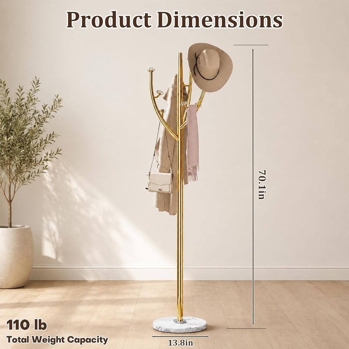 Homde Metal Coat Rack Stand with Natural Marble Base and 8 Hooks
