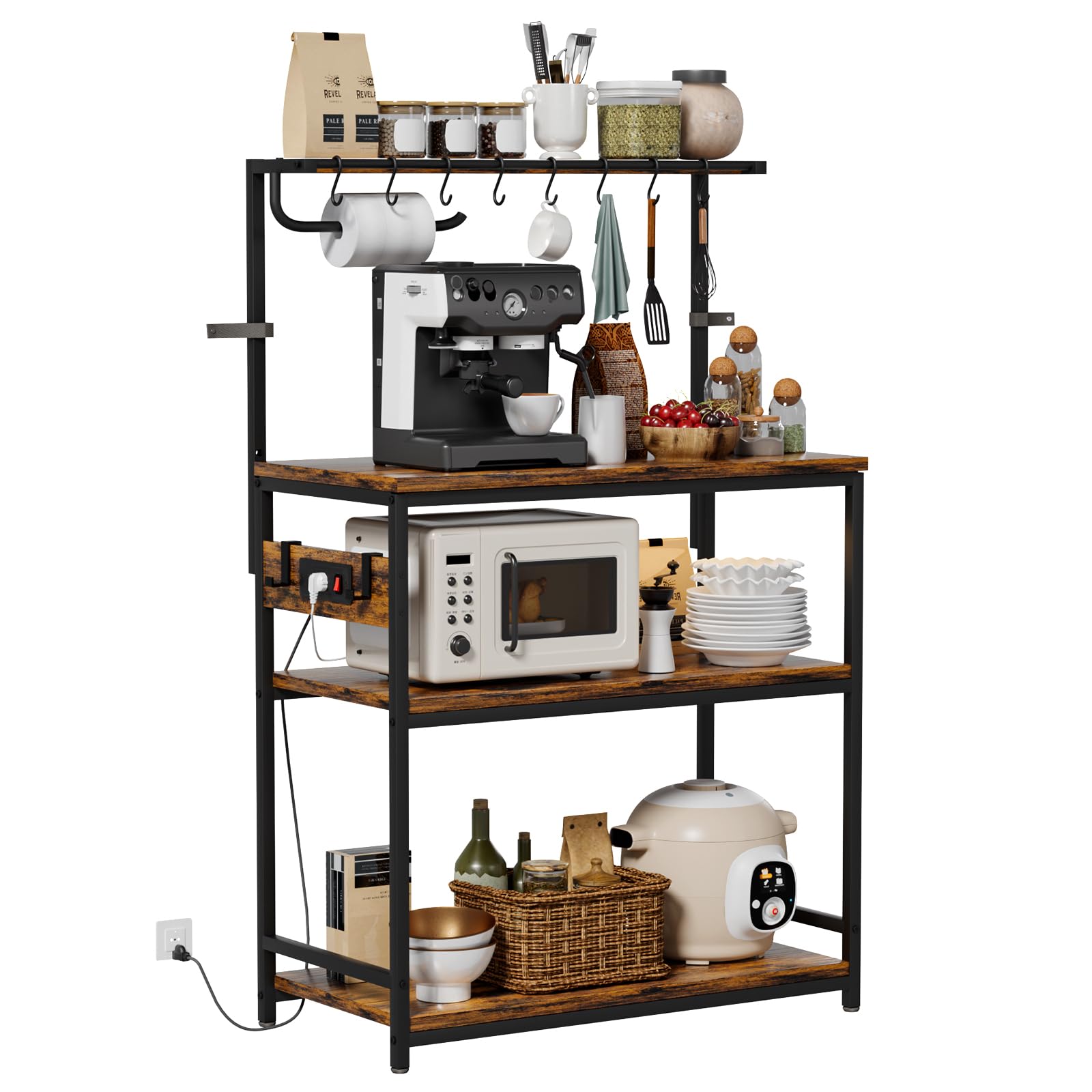 Homde Bakers Rack with Power Outlet: Adjustable 4-Tier Stand (Light Wood)