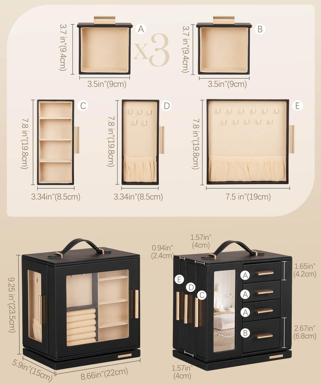 Homde 360° Rotating Jewelry Box with Mirror, 7 Drawers and Necklace Hooks