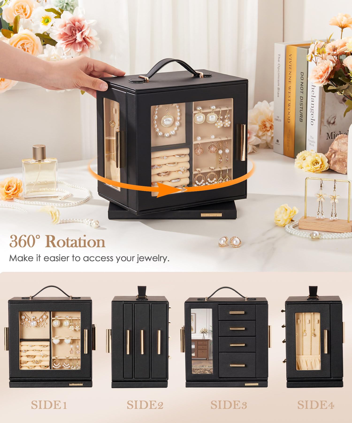Homde 360° Rotating Jewelry Box with Mirror, 7 Drawers and Necklace Hooks