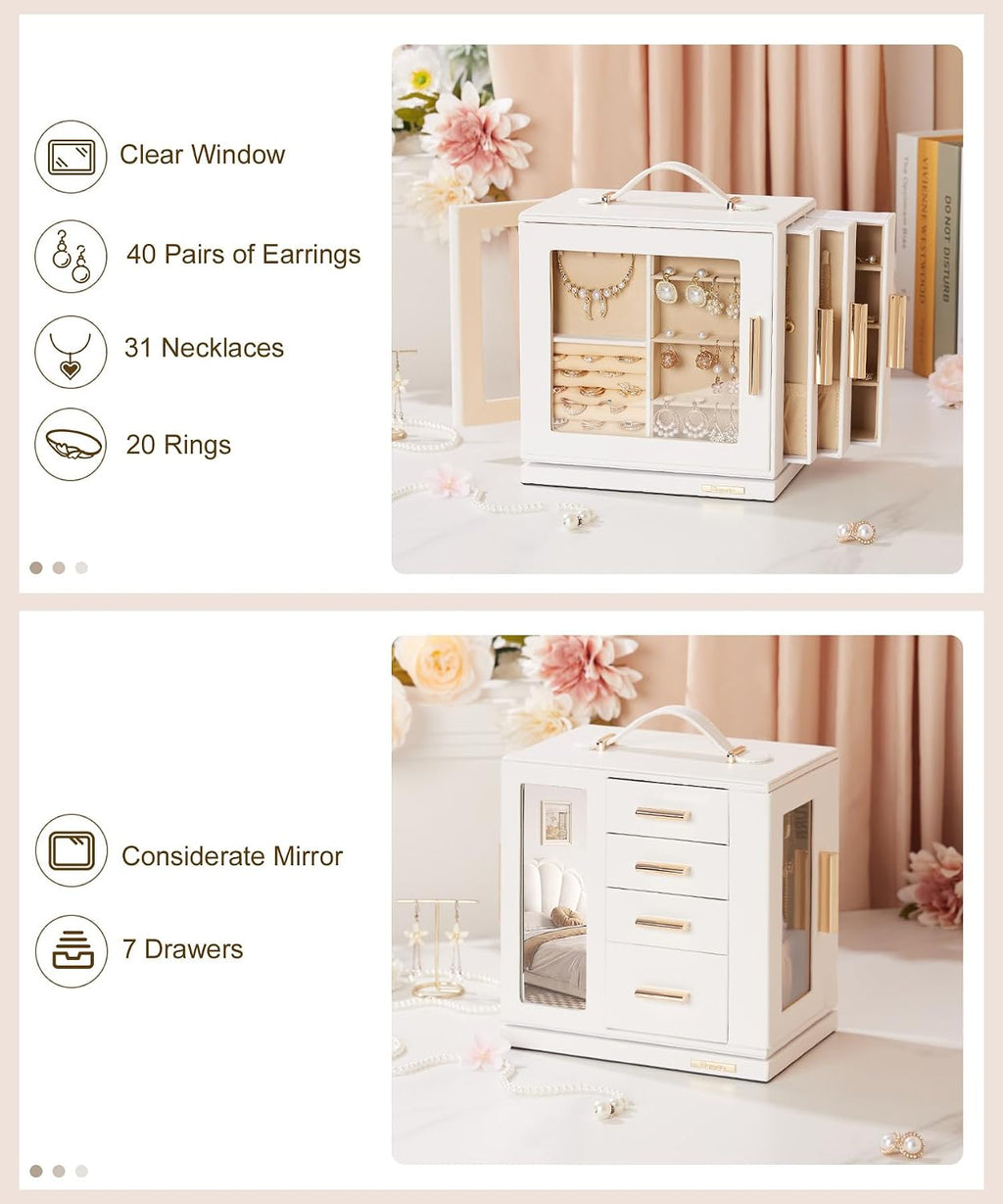 Homde 360° Rotating Jewelry Box with Mirror, 7 Drawers and Necklace Hooks