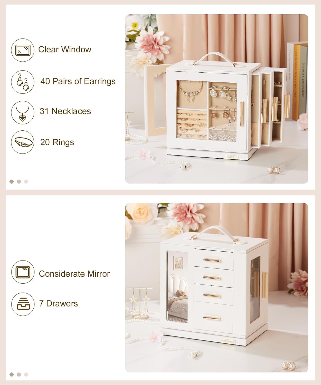 Homde 360° Rotating Jewelry Box with Mirror, 7 Drawers and Necklace Hooks