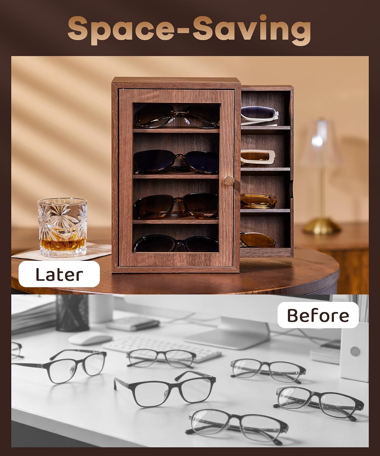 Homde Wooden Sunglass Organizer with Drawer and Clear Window-Homde