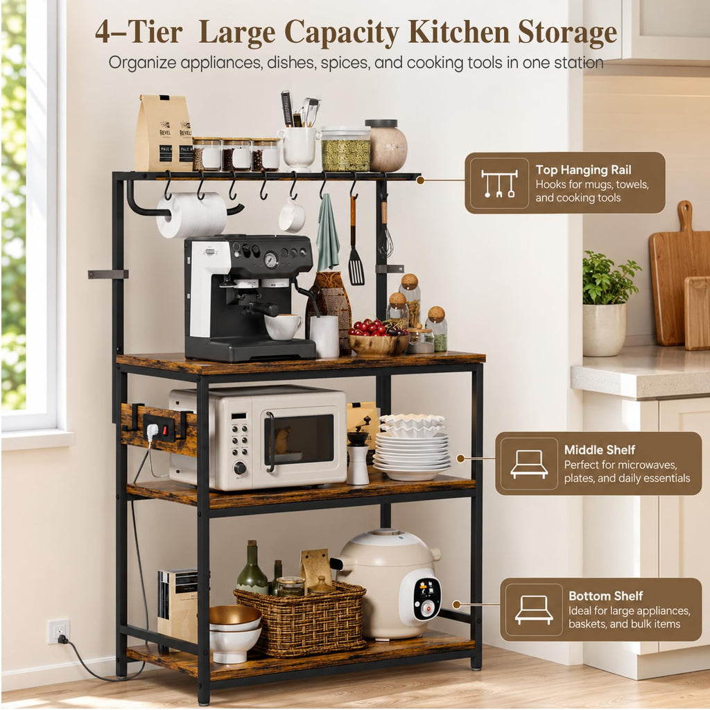 Homde Bakers Rack with Power Outlet: Adjustable 4-Tier Stand (Light Wood)