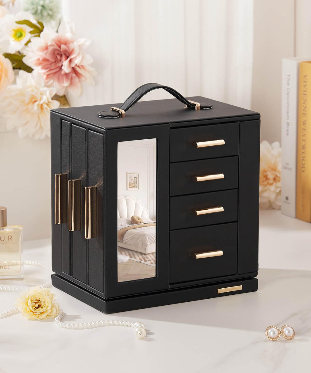 Homde 360° Rotating Jewelry Box with Mirror, 7 Drawers and Necklace Hooks