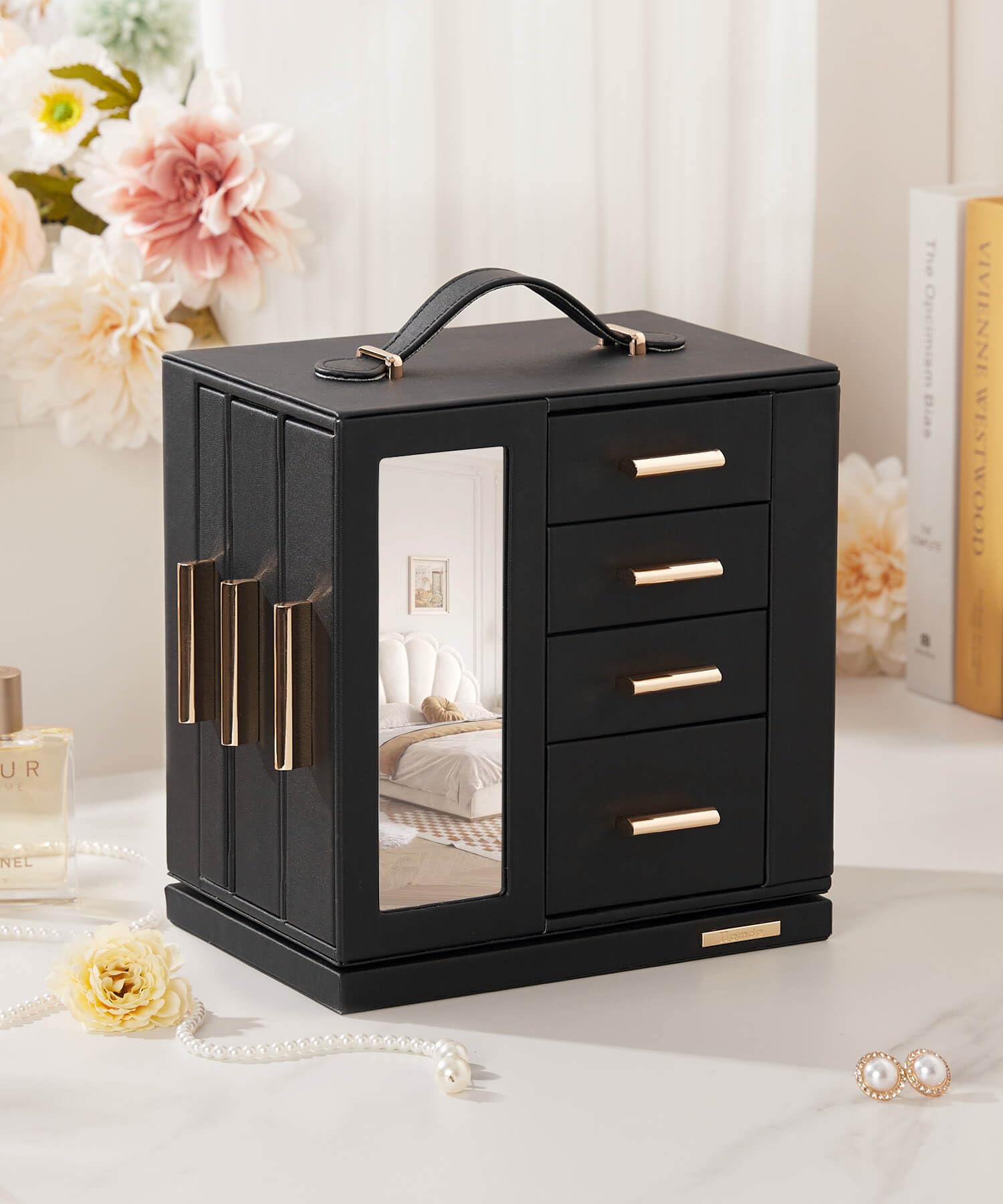 Homde 360° Rotating Jewelry Box with Mirror, 7 Drawers and Necklace Hooks