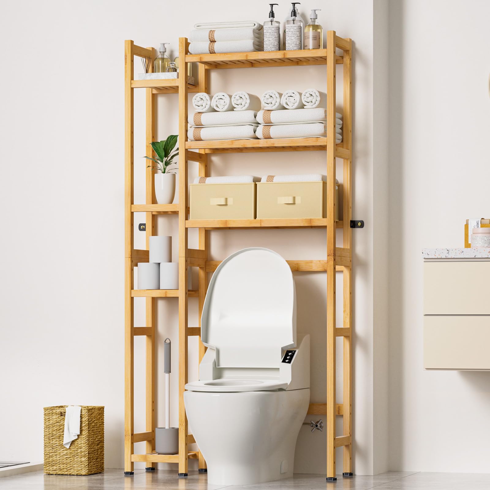 Homde Bamboo Over-the-Toilet Storage Rack with 2 Baskets and Adjustable Shelf-Homde