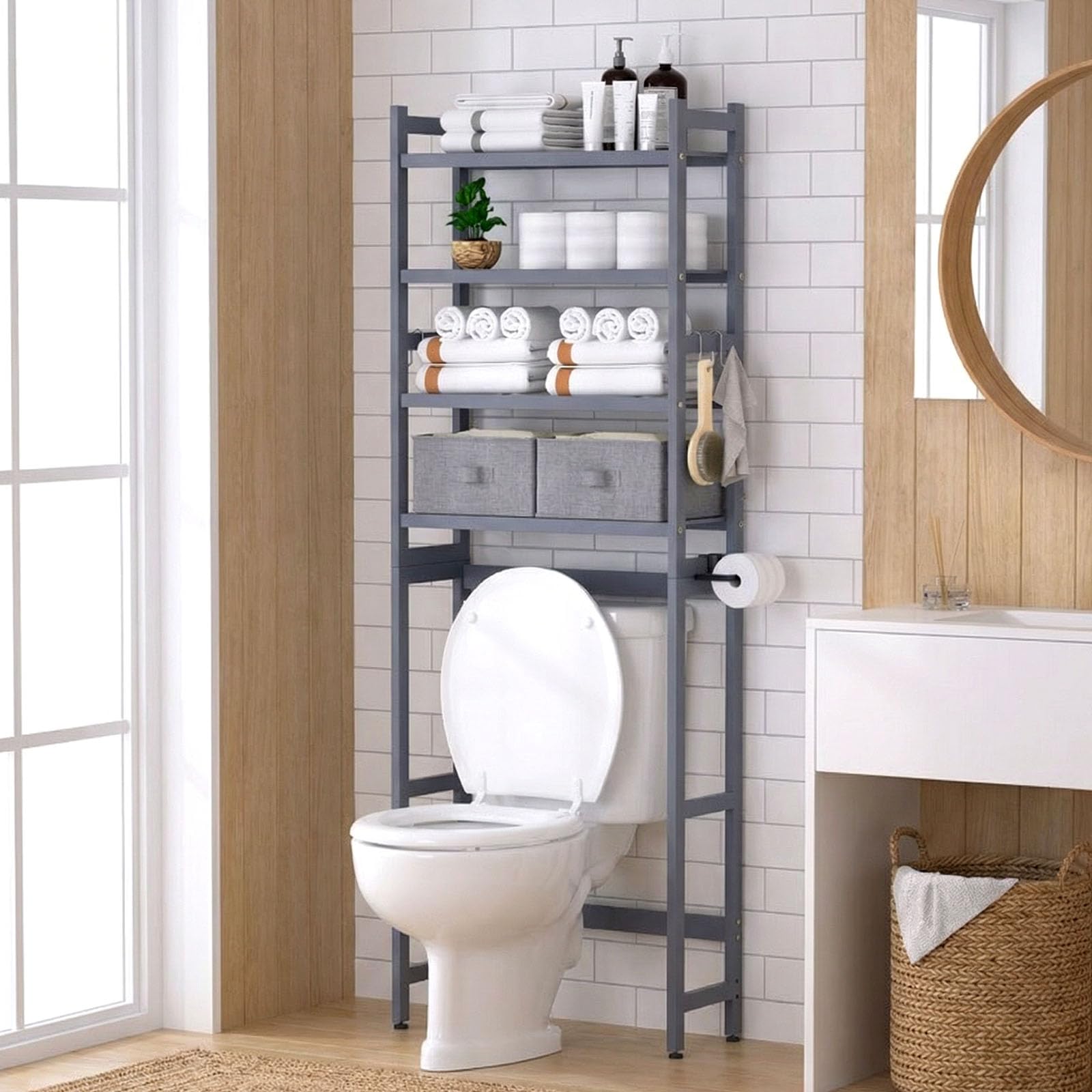 Homde Over The Toilet Storage Rack with Basket and Drawer, Adjustable 4-Tier Bamboo