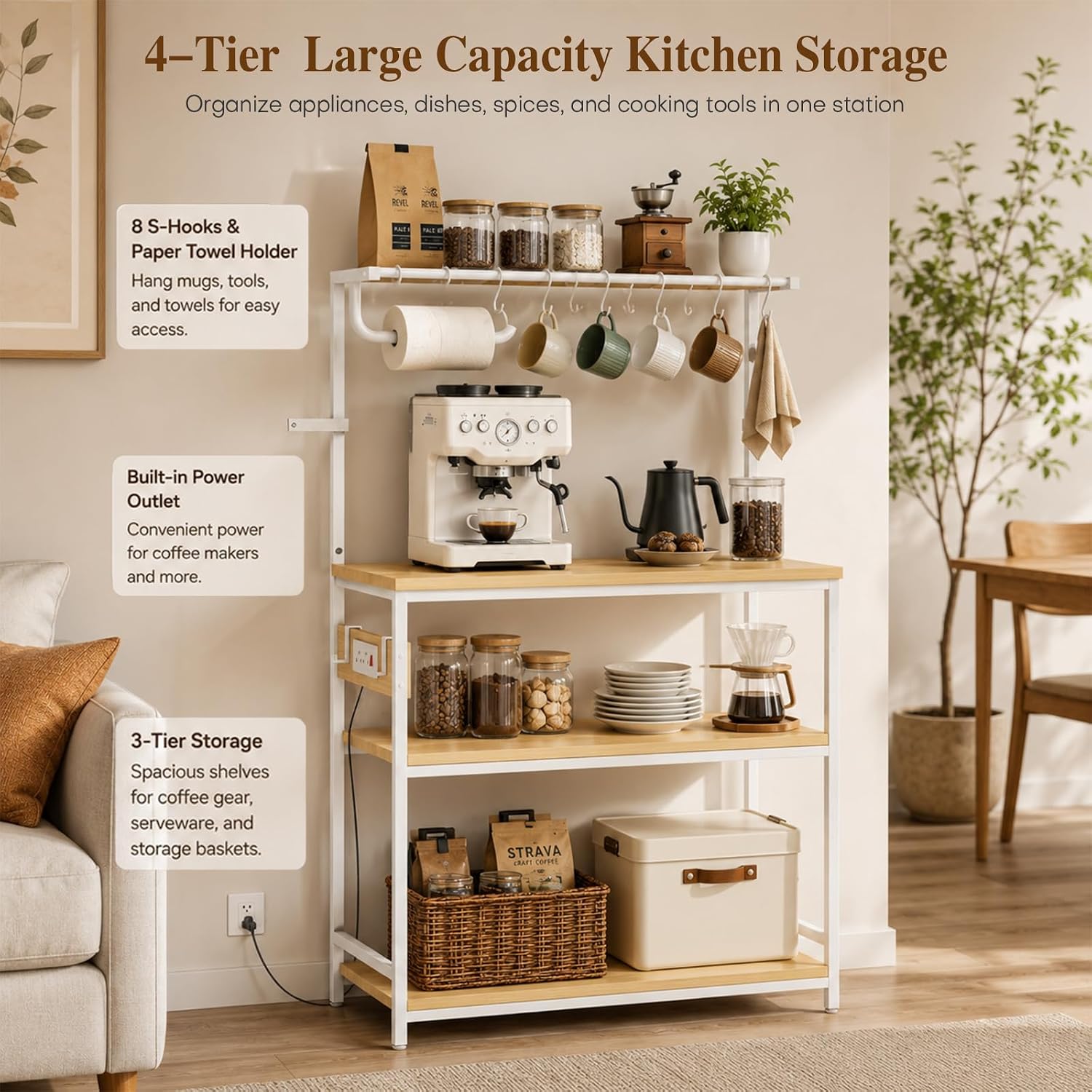 Homde Bakers Rack with Power Outlet: Adjustable 4-Tier Stand (Light Wood)