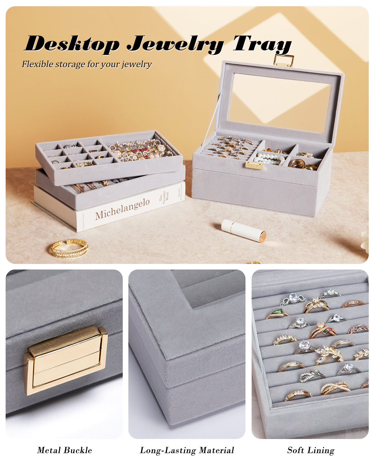 Jewelry Tray | Stackable Jewelry Box | Drawer Jewelry Organizer | with Glass Lid, Removable Dividers for Vanity Table | Gift Idea for Girls and Women