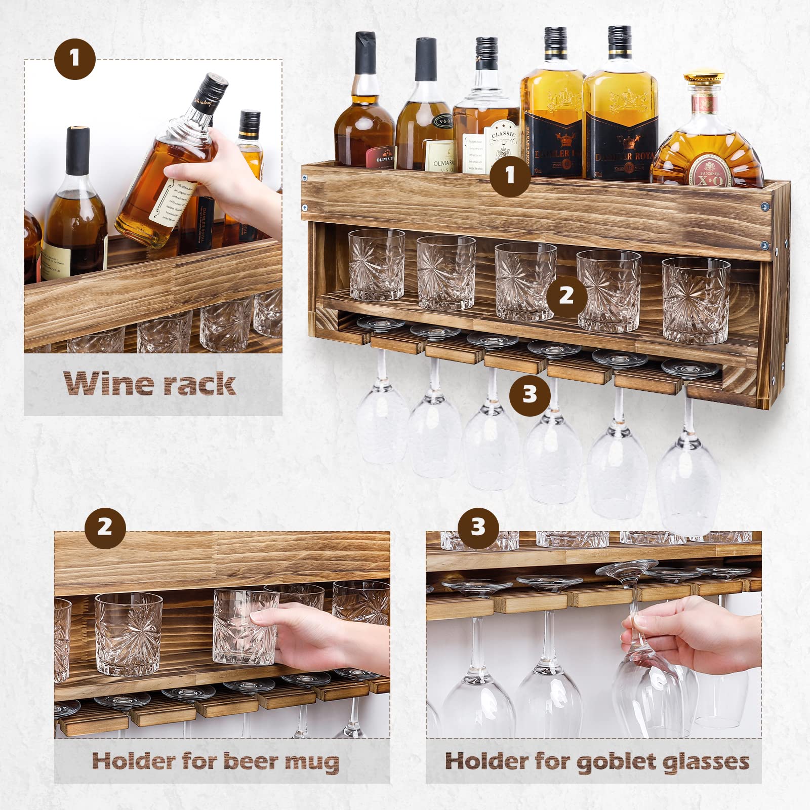 Homde Wall Mounted Wooden Wine Rack with Glass Holder-Homde