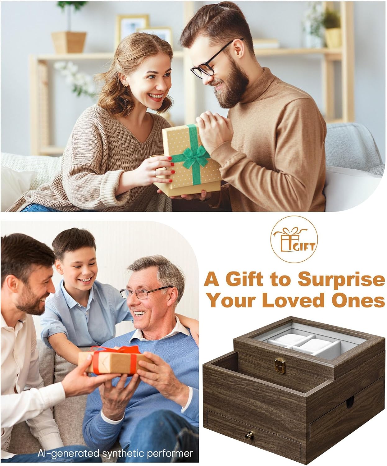 Homde Men’s Watch Box with Glass Lid, 4 Watch Pillows and 2 Drawers-Homde