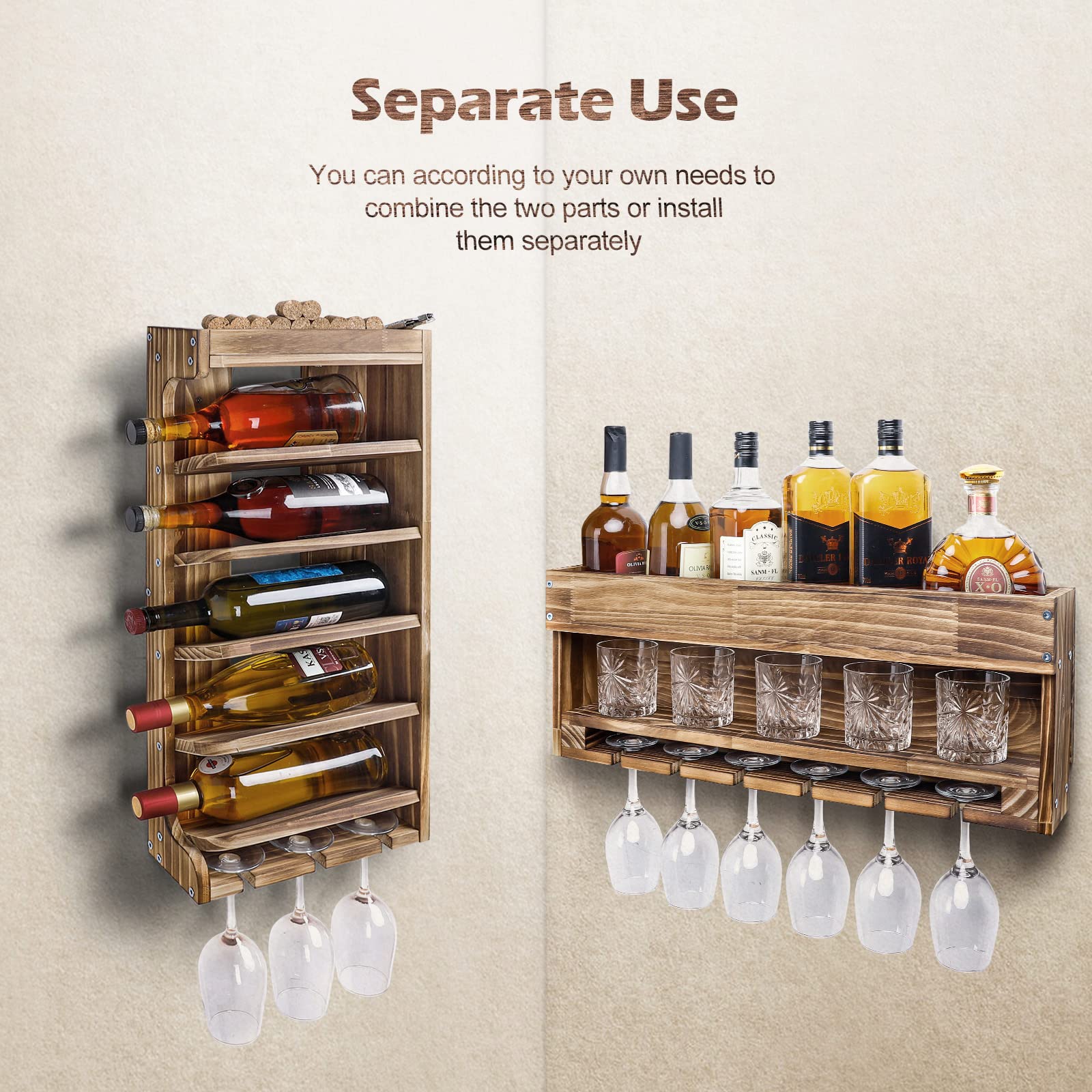 Homde Wall Mounted Wooden Wine Rack with Glass Holder-Homde