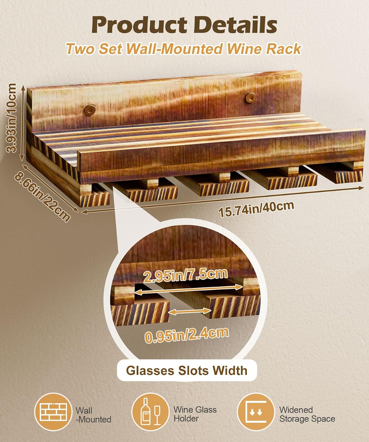 Homde 2-Pack Wall Mounted Wood Wine Rack with Glass Holder-Homde