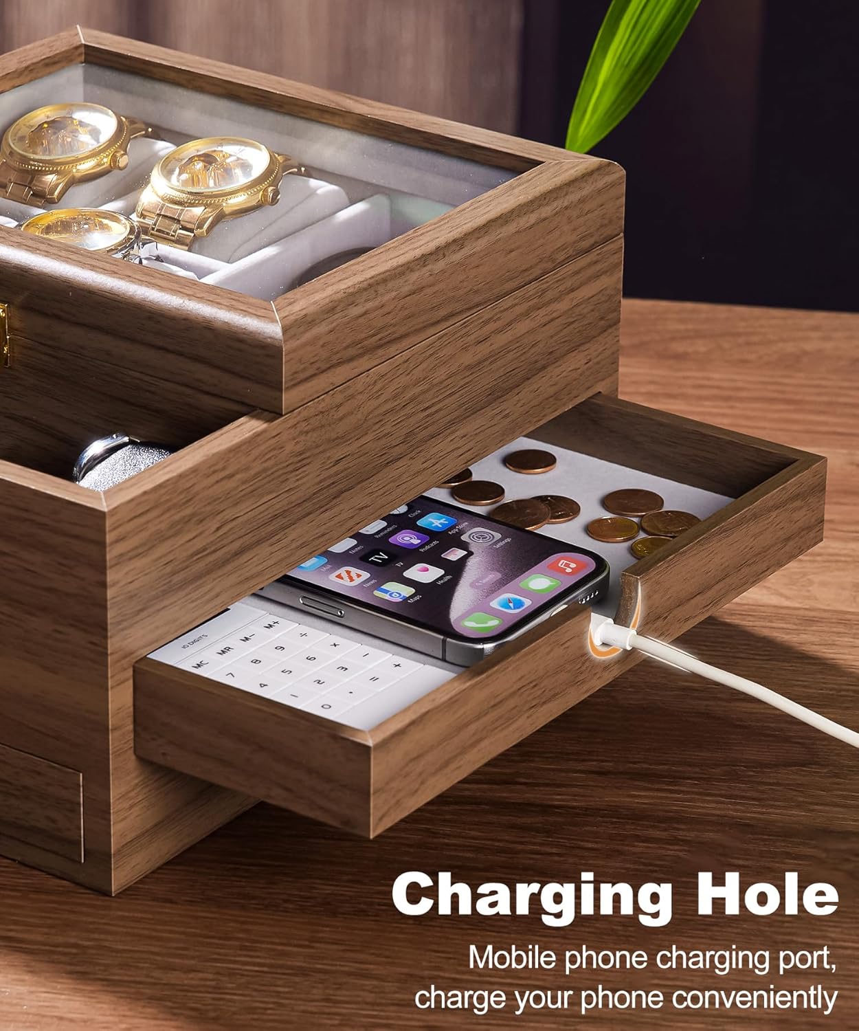 Homde Men’s Watch Box with Glass Lid, 4 Watch Pillows and 2 Drawers-Homde