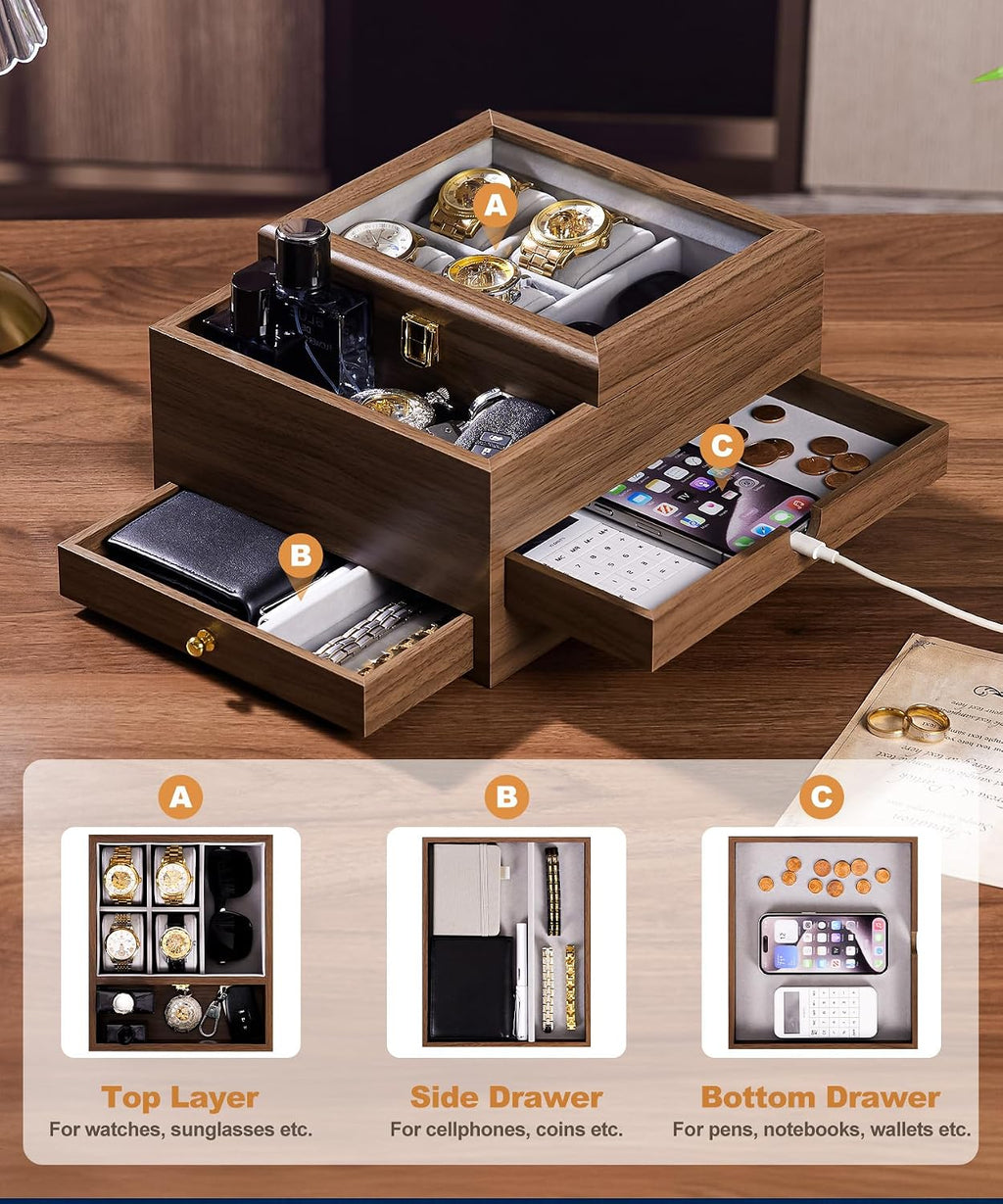 Homde Men’s Watch Box with Glass Lid, 4 Watch Pillows and 2 Drawers-Homde