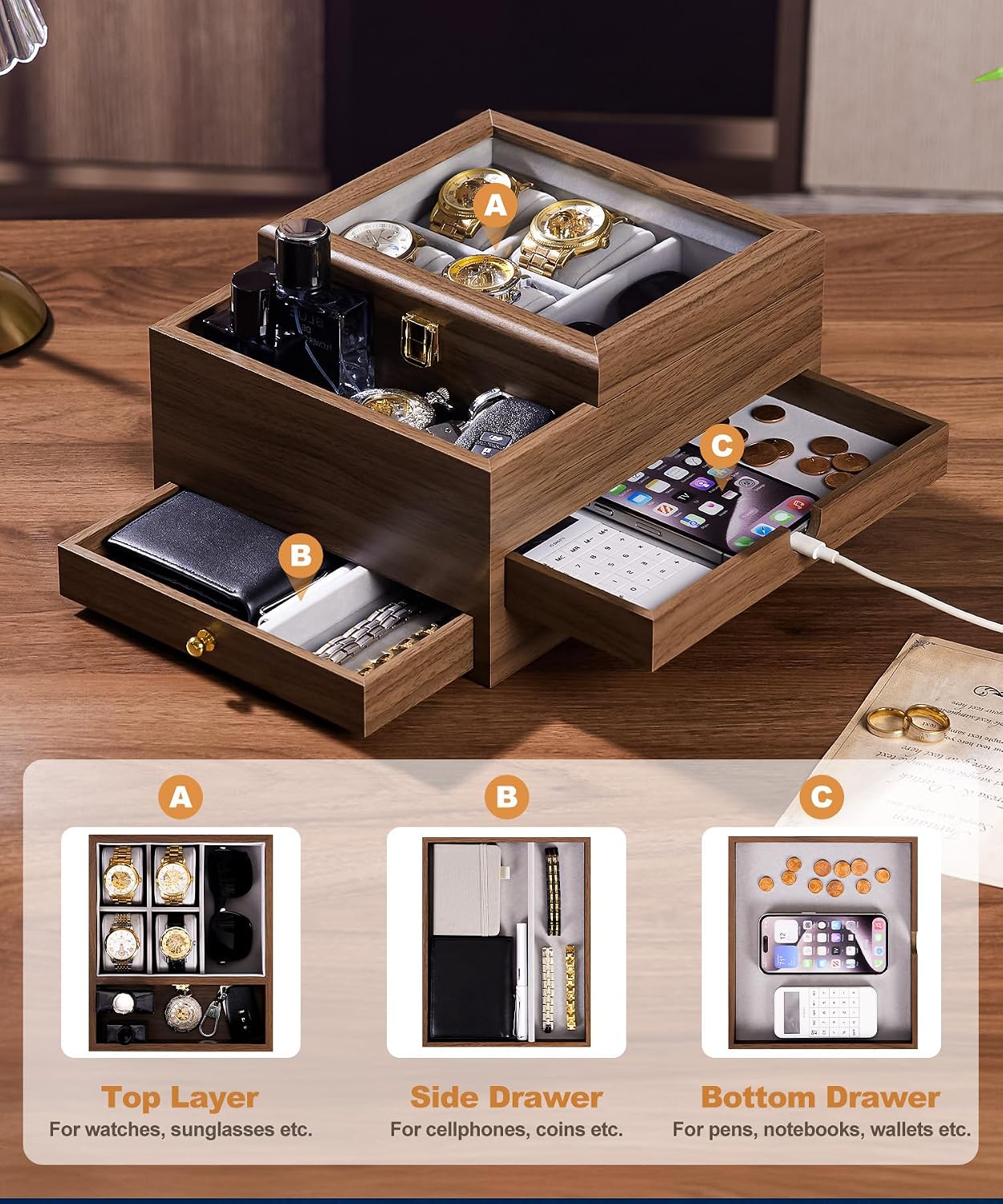 Homde Men’s Watch Box with Glass Lid, 4 Watch Pillows and 2 Drawers-Homde