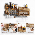Homde Wall Mounted Wood Wine Rack with Glass Holder and Liquor Dispenser-Homde