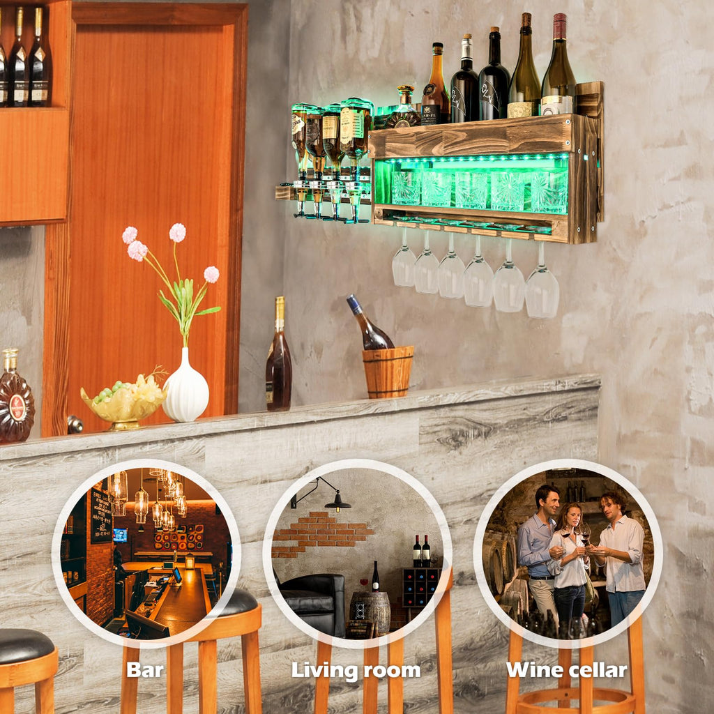 Homde Wall Mounted Wood Wine Rack with Glass Holder and Liquor Dispenser-Homde