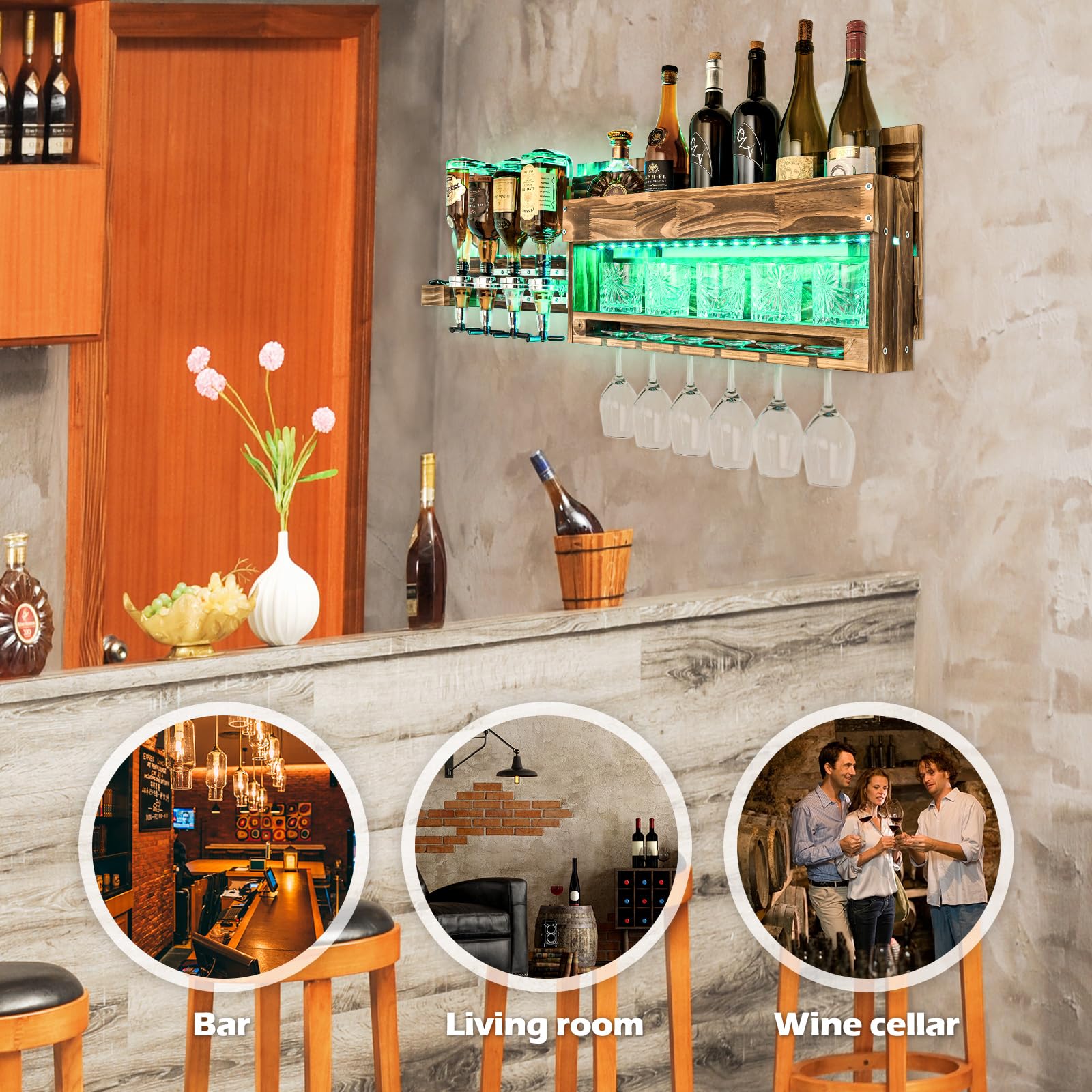 Homde Wall Mounted Wood Wine Rack with Glass Holder and Liquor Dispenser-Homde