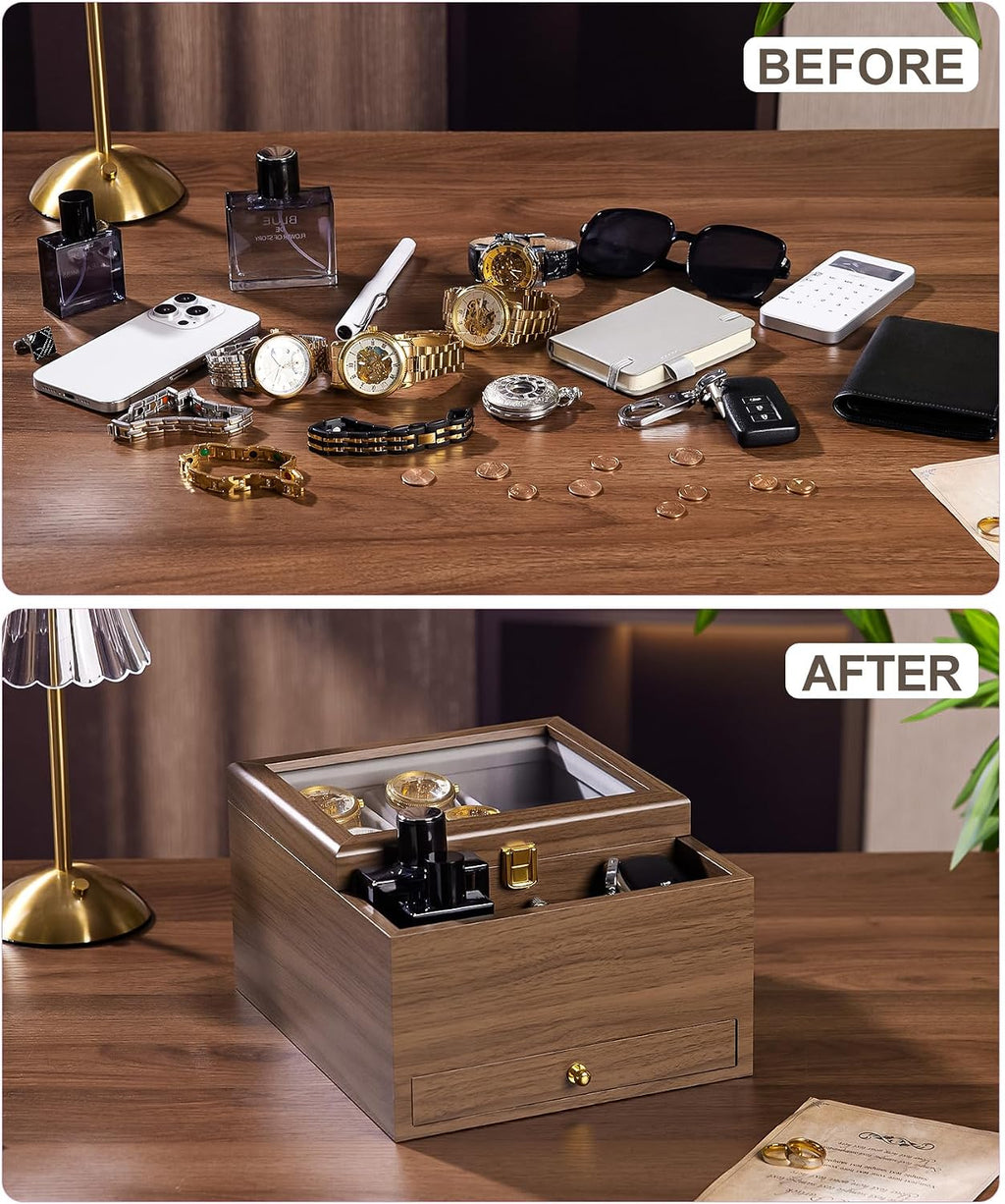 Homde Men’s Watch Box with Glass Lid, 4 Watch Pillows and 2 Drawers-Homde