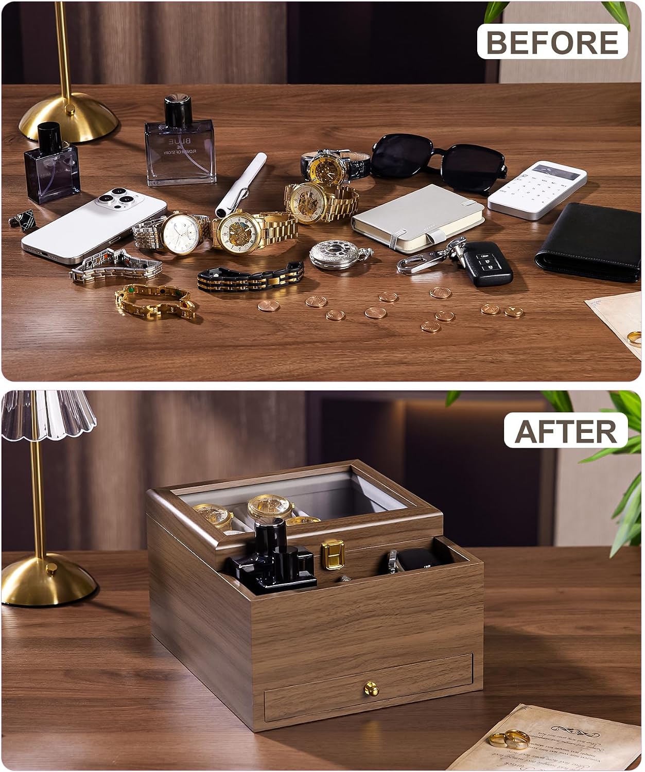 Homde Men’s Watch Box with Glass Lid, 4 Watch Pillows and 2 Drawers-Homde
