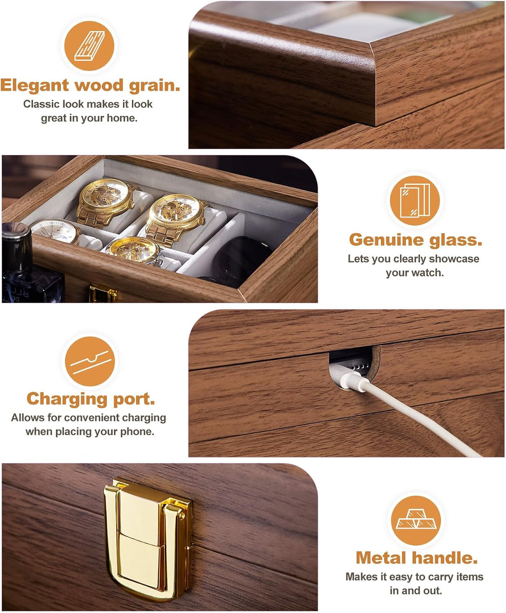 Homde Men’s Watch Box with Glass Lid, 4 Watch Pillows and 2 Drawers-Homde