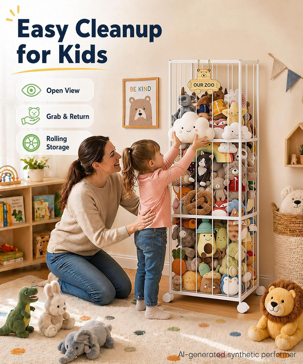 Homde Stuffed Animal Storage Organizer with Wheels, 54" Plush Toy Holder-Homde