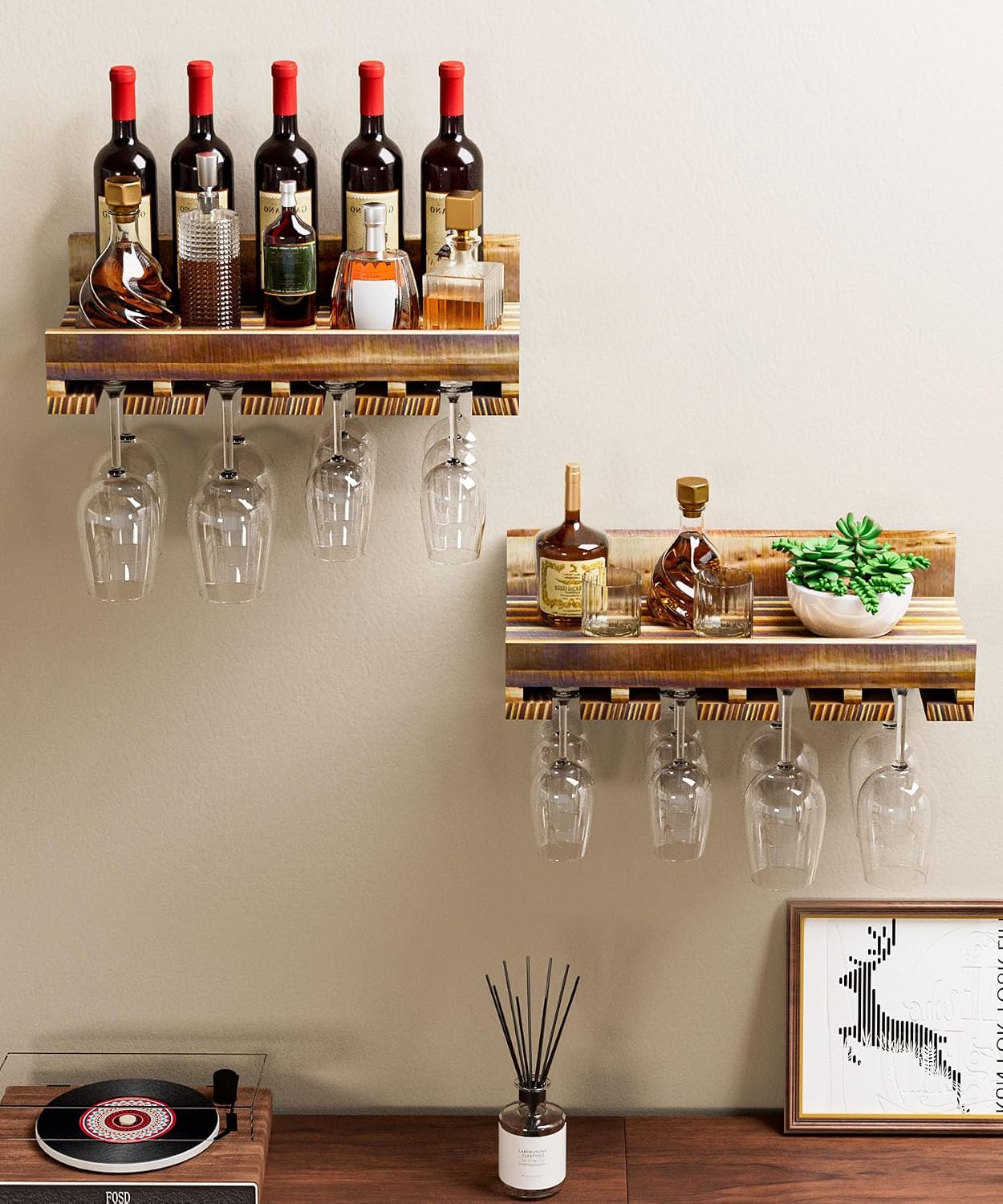 Homde 2-Pack Wall Mounted Wood Wine Rack with Glass Holder-Homde
