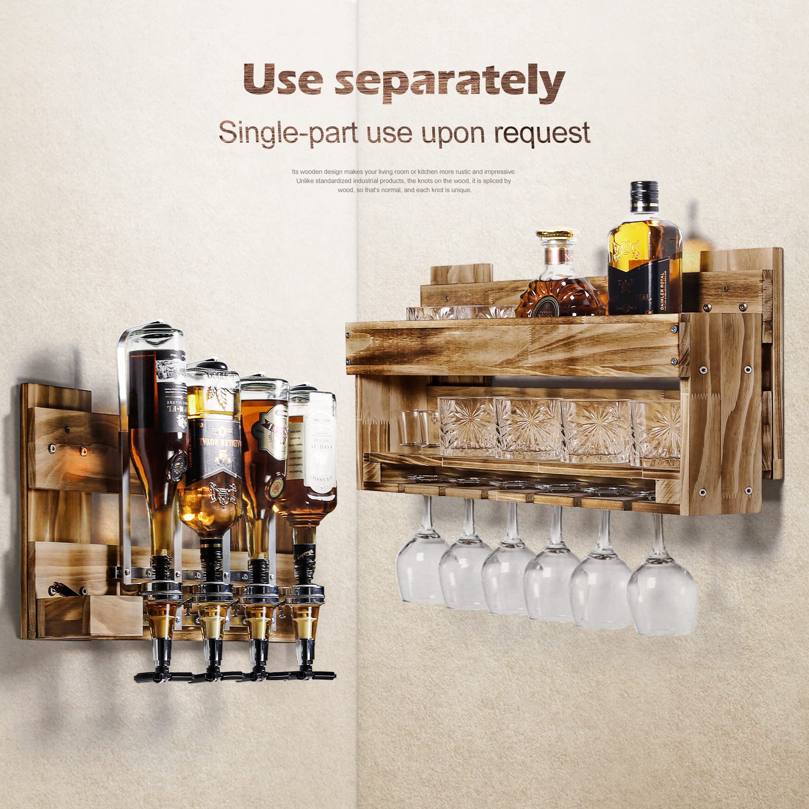Homde Wall Mounted Wood Wine Rack with Glass Holder and Liquor Dispenser-Homde