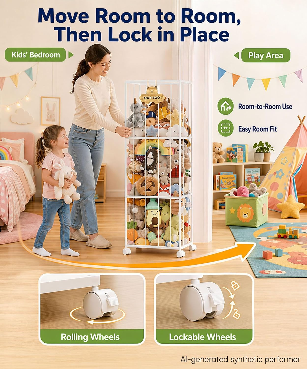 Homde Stuffed Animal Storage Organizer with Wheels, 54" Plush Toy Holder-Homde