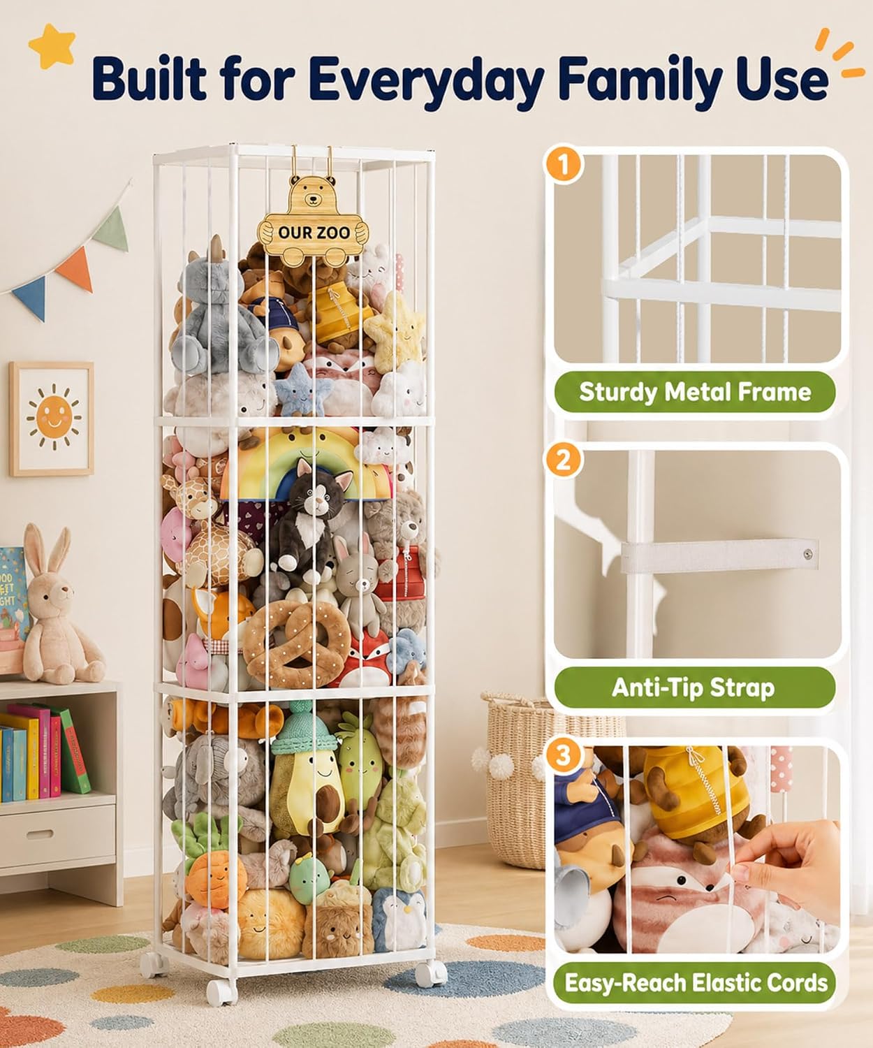 Homde Stuffed Animal Storage Organizer with Wheels, 54" Plush Toy Holder-Homde