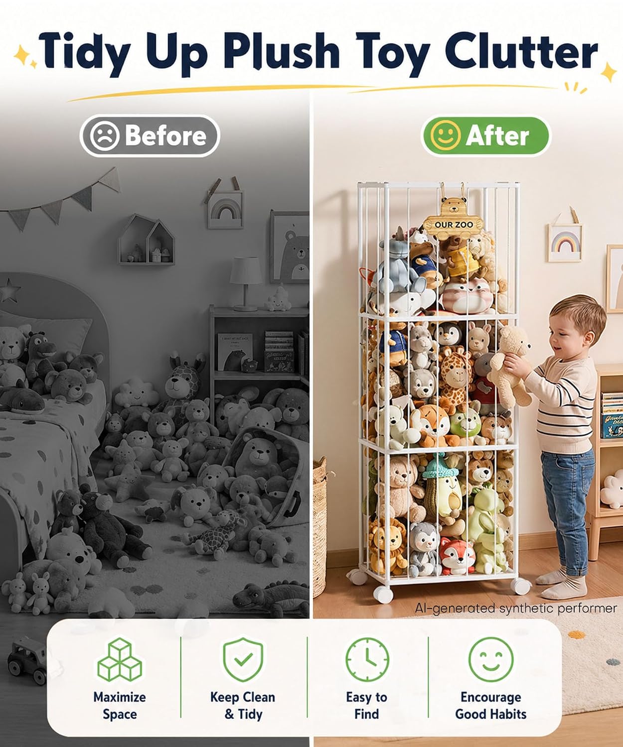 Homde Stuffed Animal Storage Organizer with Wheels, 54" Plush Toy Holder-Homde