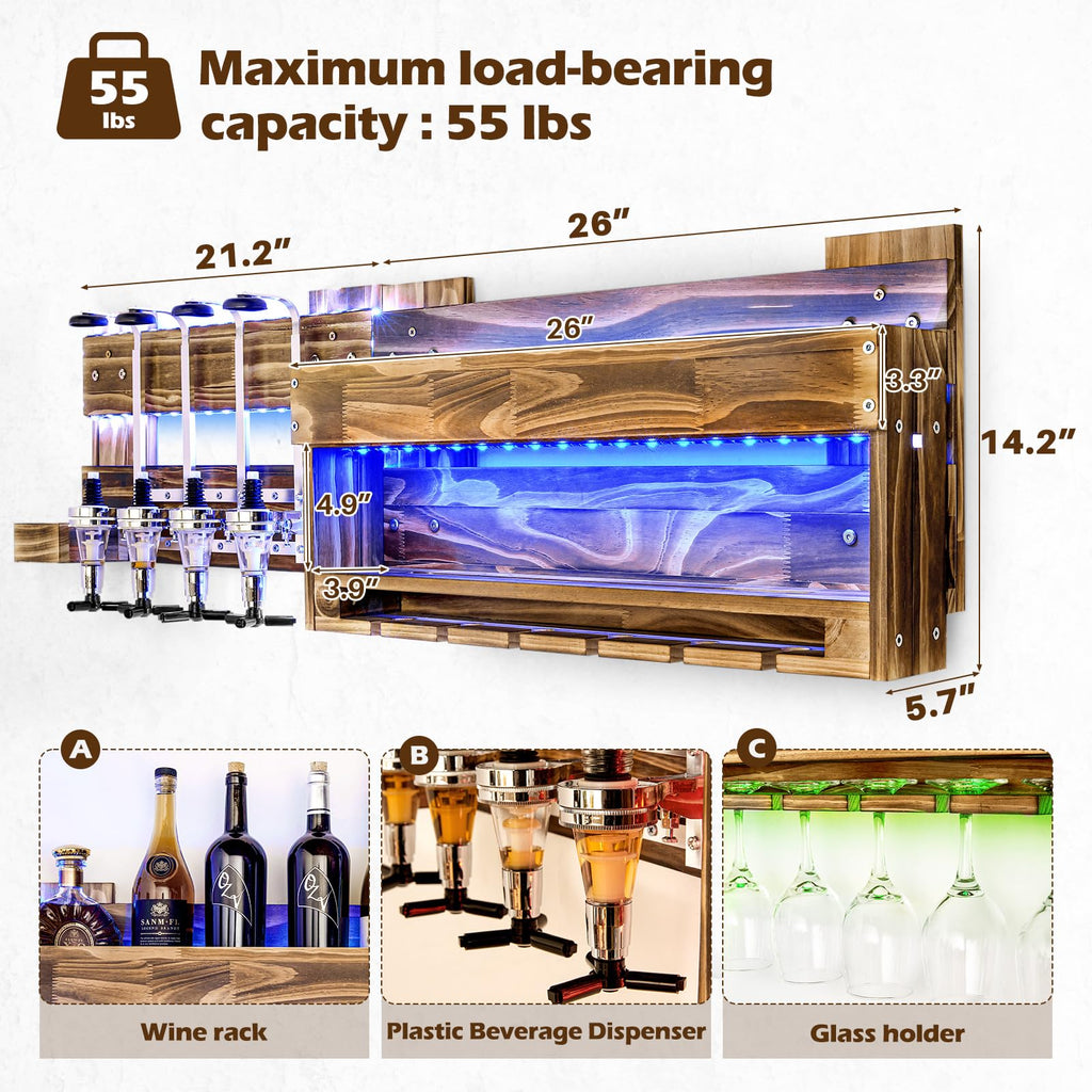 Homde Wall Mounted Wood Wine Rack with Glass Holder and Liquor Dispenser-Homde