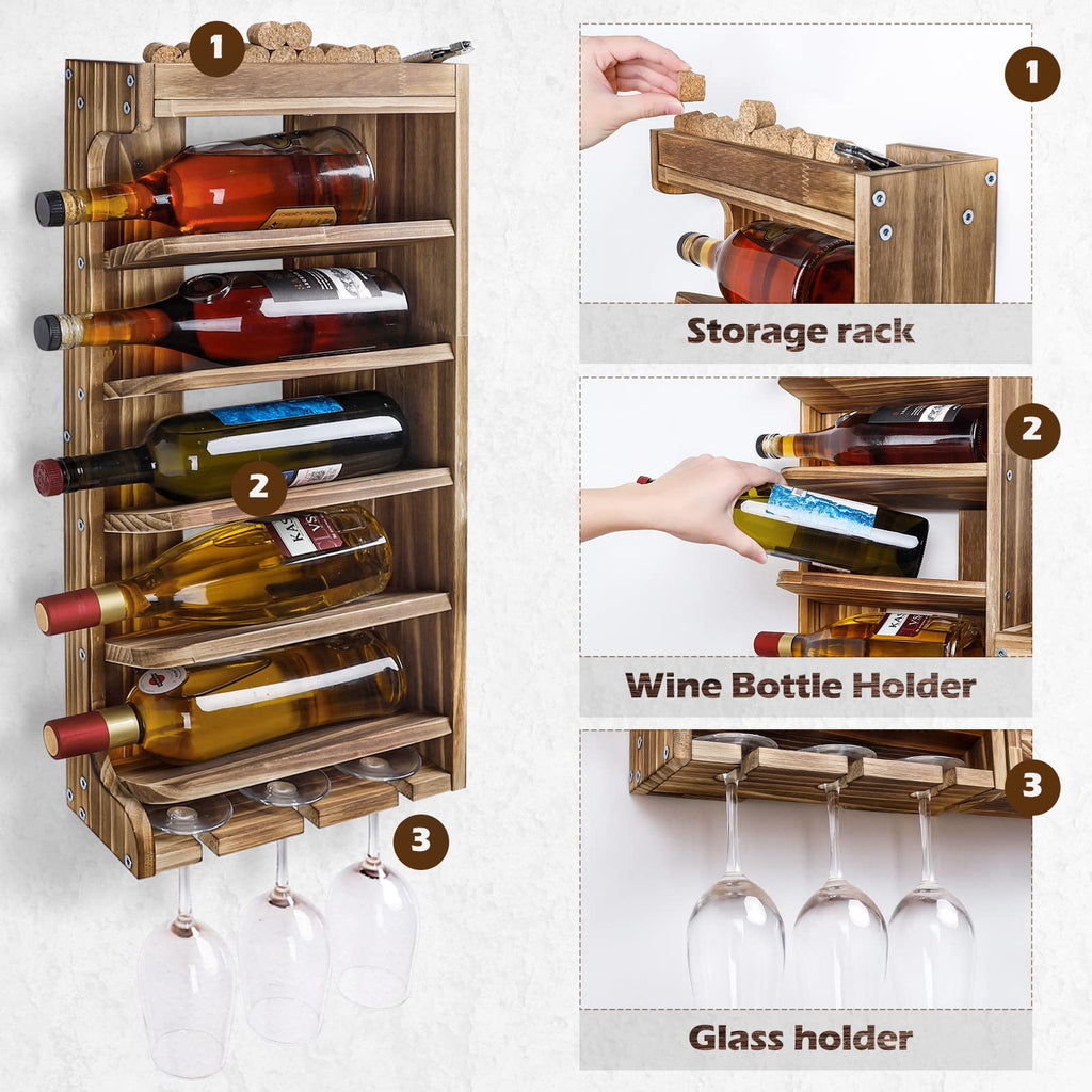 Homde Wall Mounted Wooden Wine Rack with Glass Holder-Homde