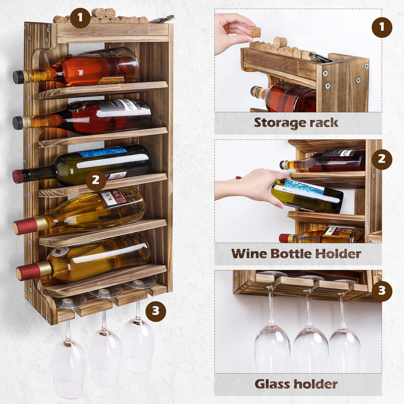 Homde Wall Mounted Wooden Wine Rack with Glass Holder-Homde