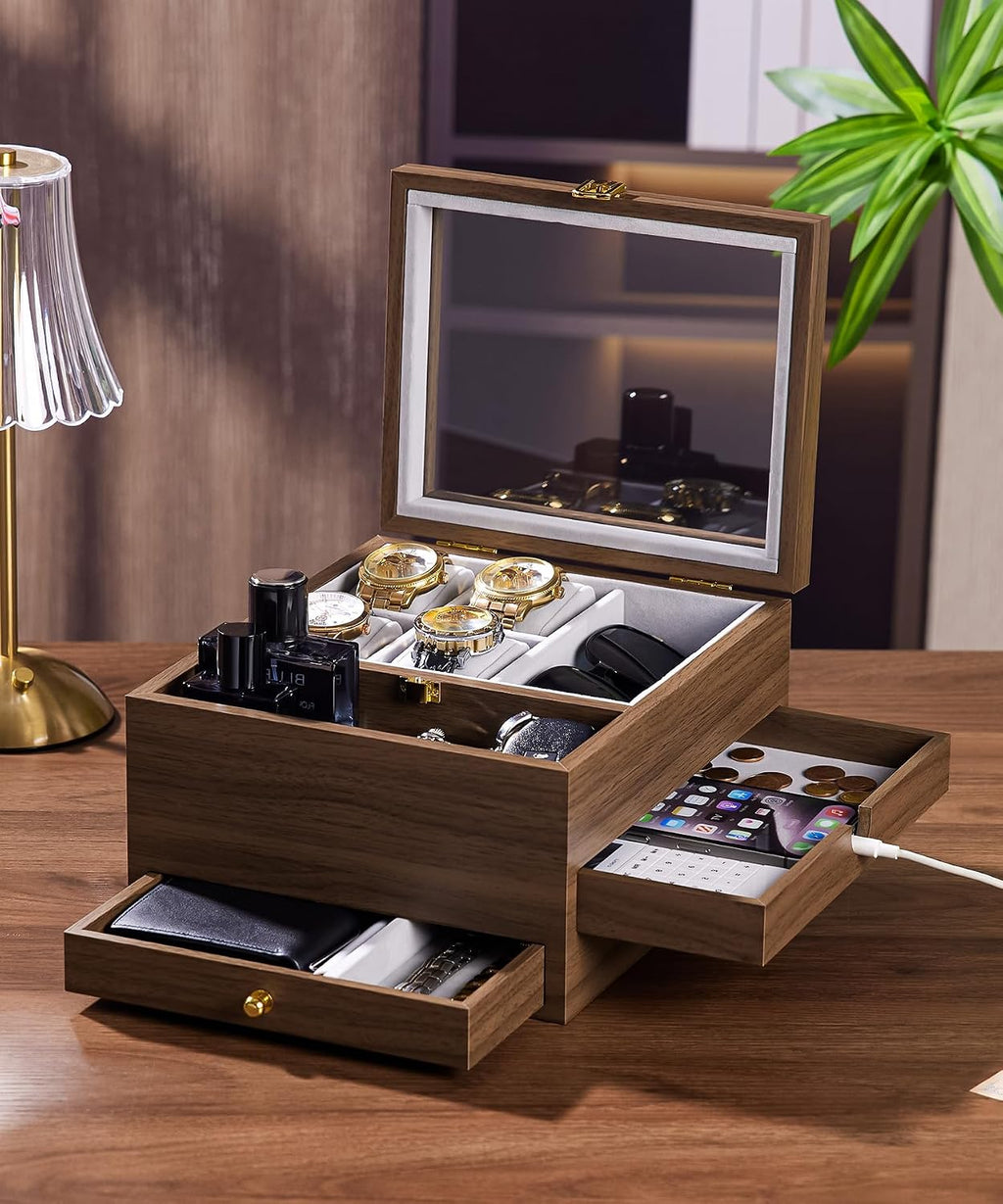 Homde Men’s Watch Box with Glass Lid, 4 Watch Pillows and 2 Drawers-Homde
