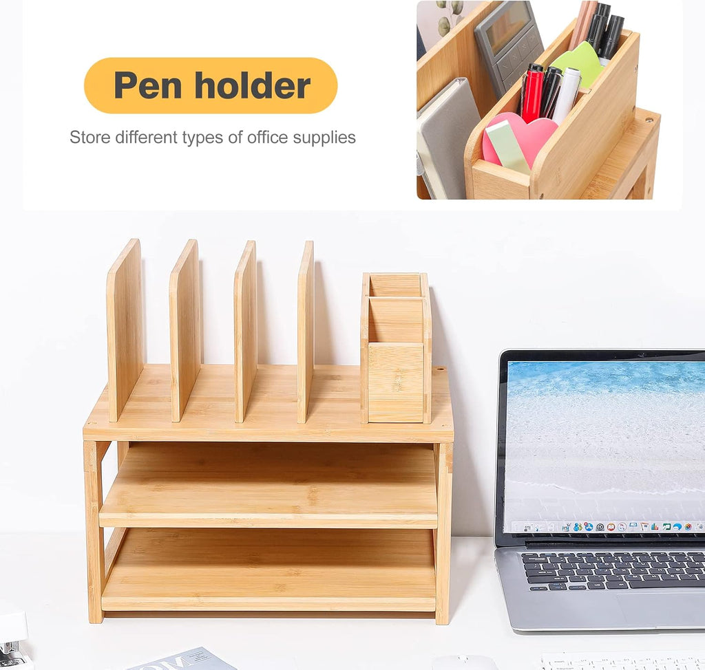 Homde Bamboo Desk Organizer with File Holder and Adjustable Pen Cups-Homde