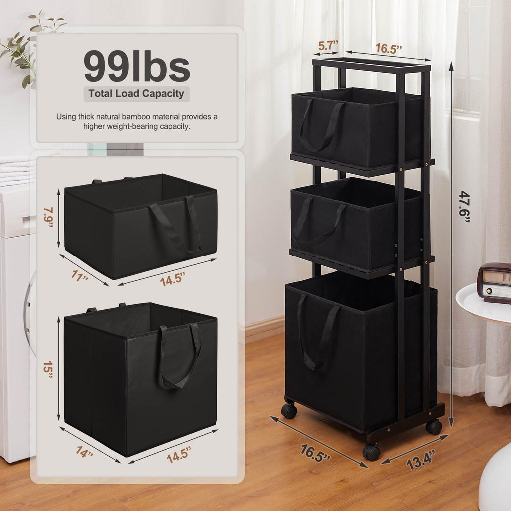Homde 3-Tier Bamboo Laundry Basket with Wheels and Removable Hampers-Homde