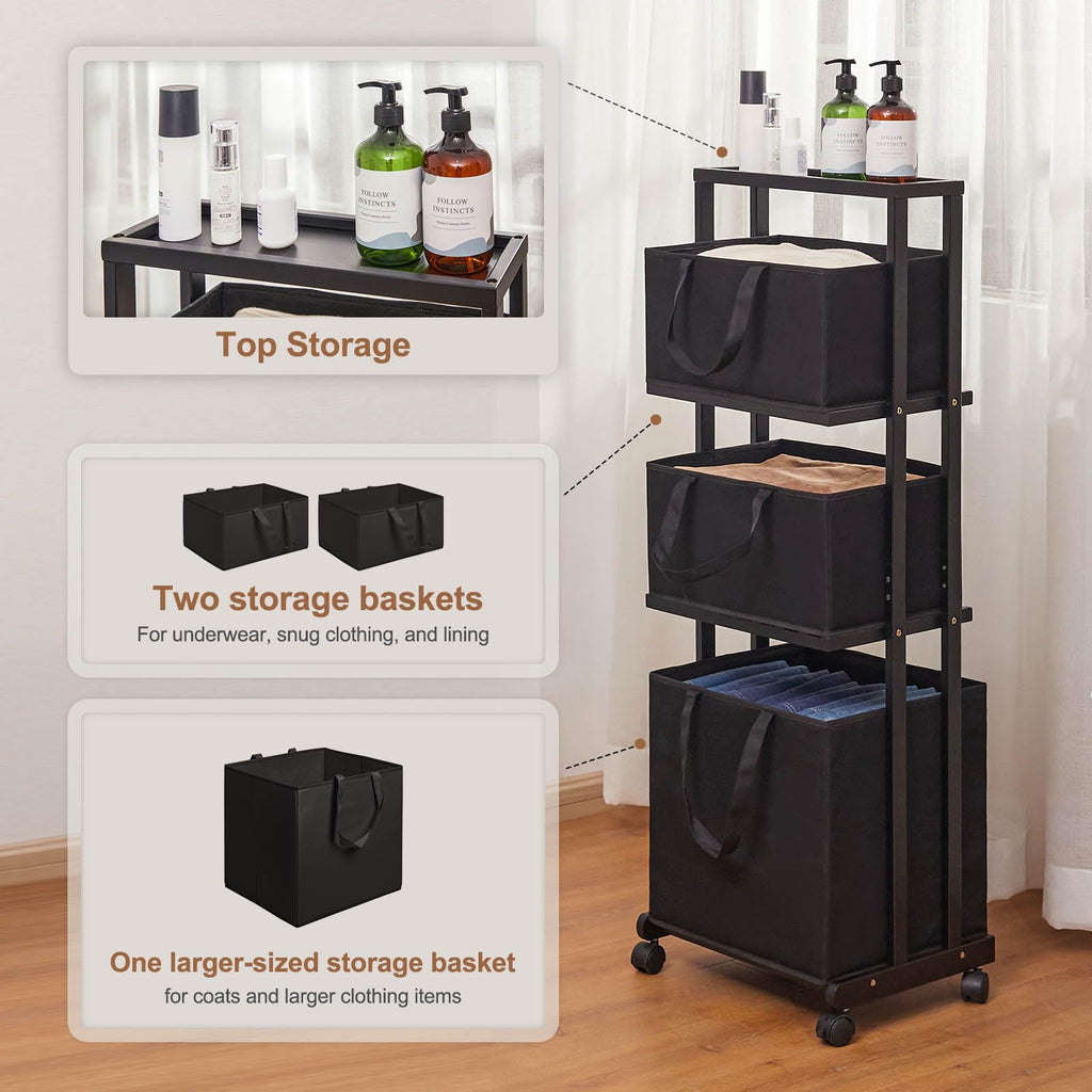 Homde 3-Tier Bamboo Laundry Basket with Wheels and Removable Hampers-Homde