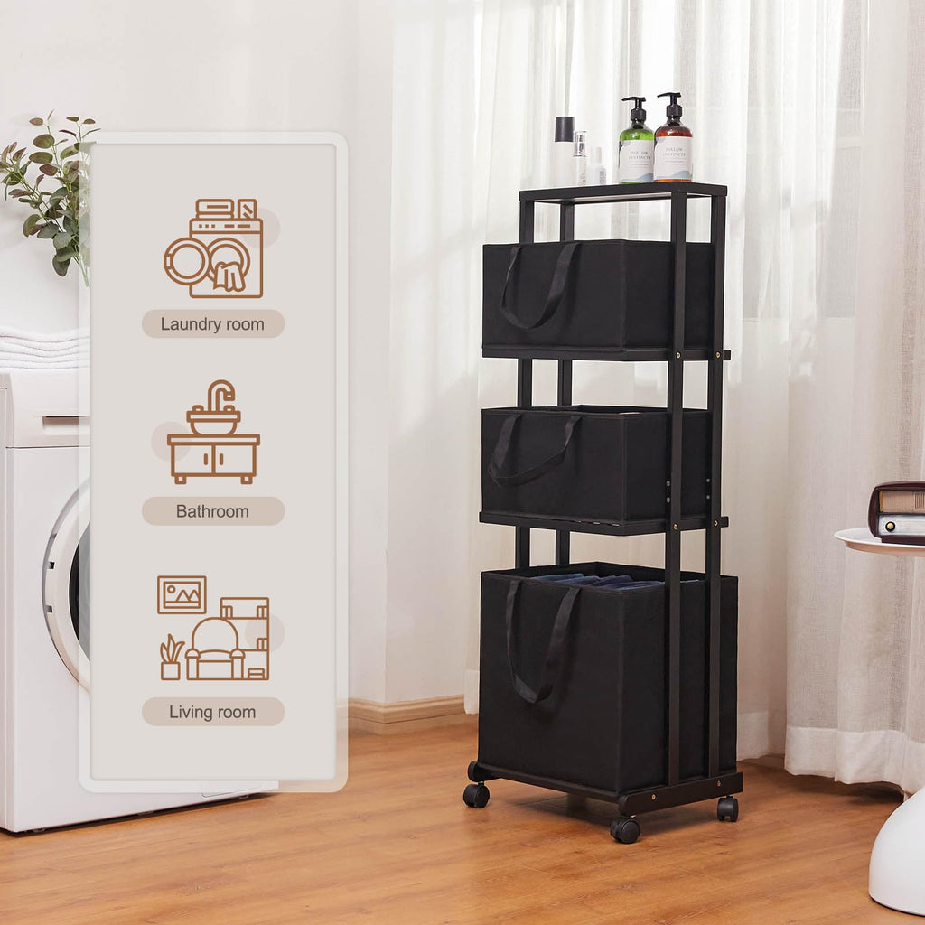 Homde 3-Tier Bamboo Laundry Basket with Wheels and Removable Hampers-Homde