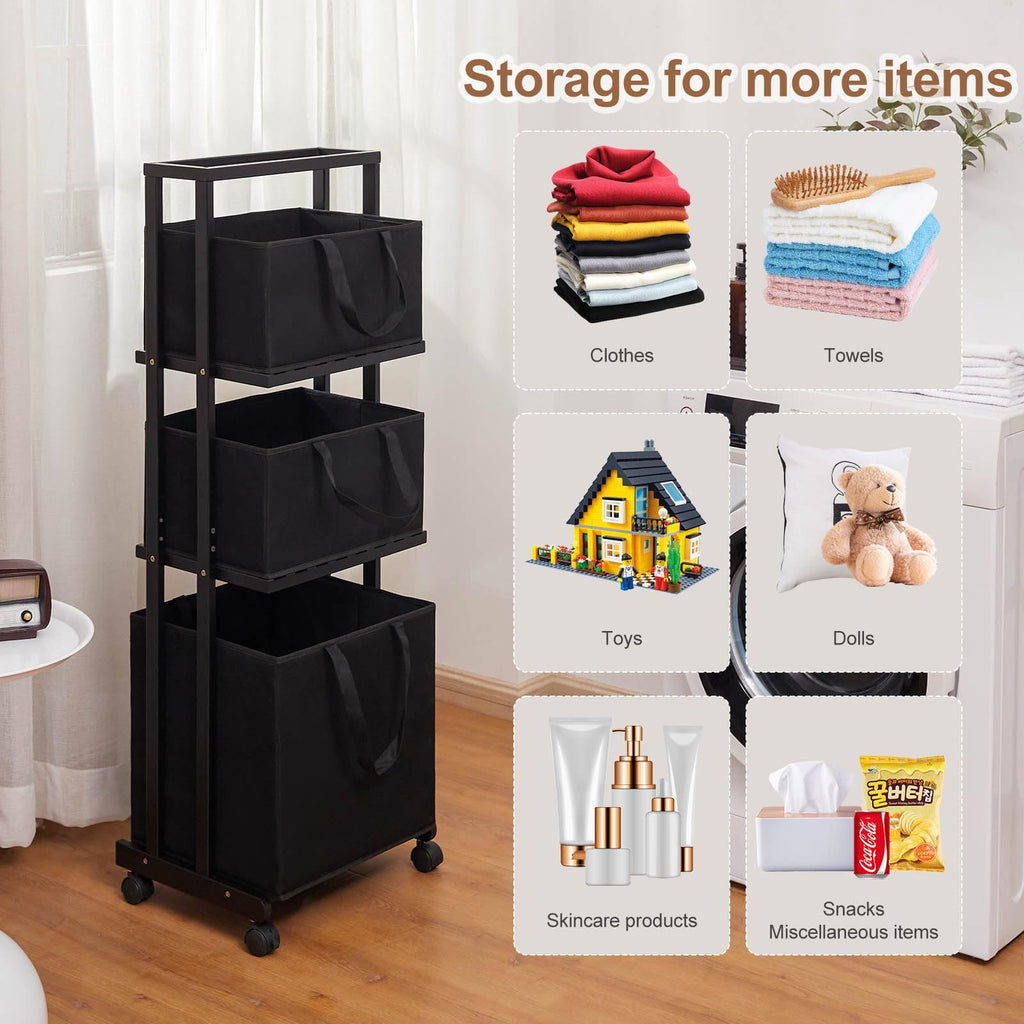 Homde 3-Tier Bamboo Laundry Basket with Wheels and Removable Hampers-Homde