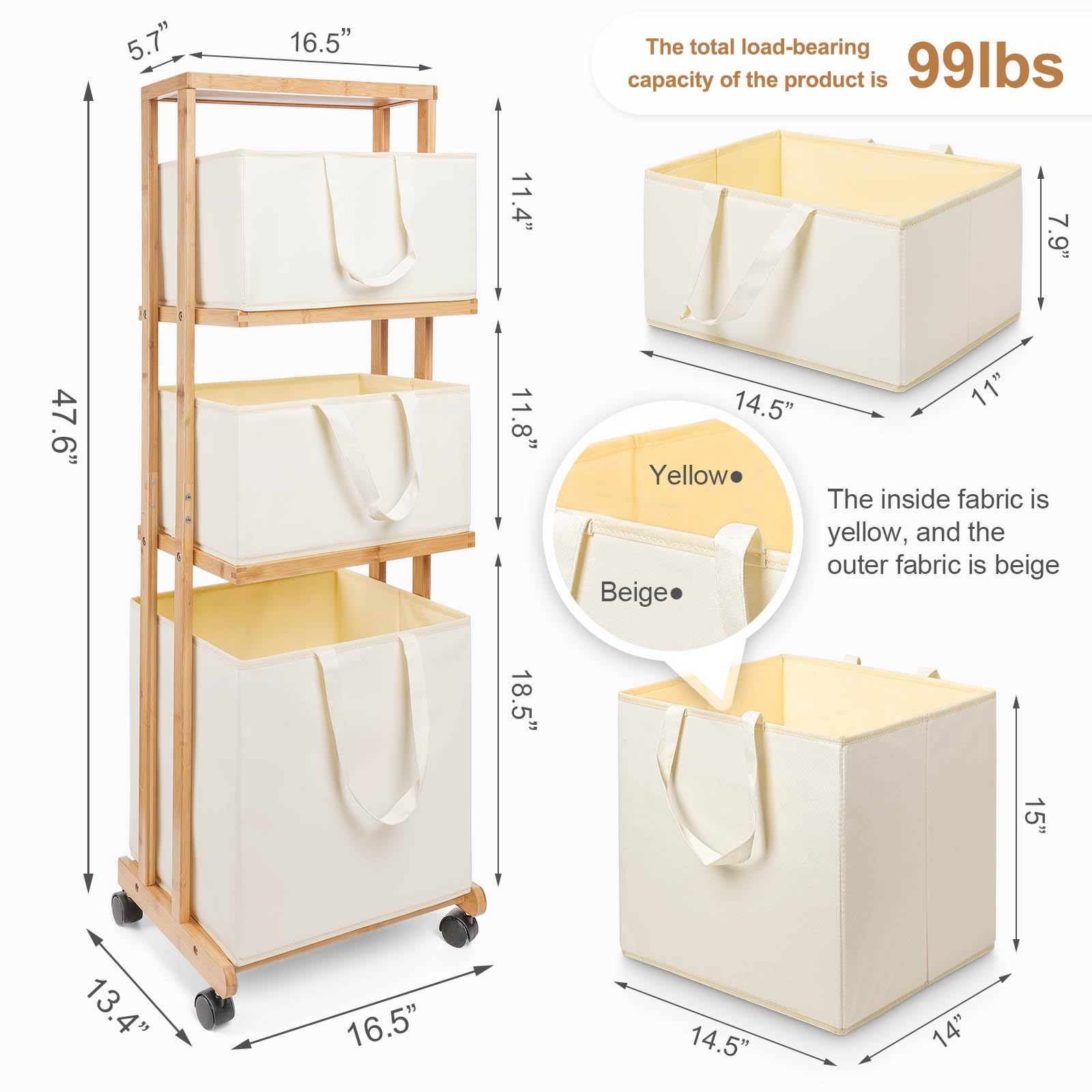 Homde 3-Tier Bamboo Laundry Basket with Wheels and Removable Hampers-Homde
