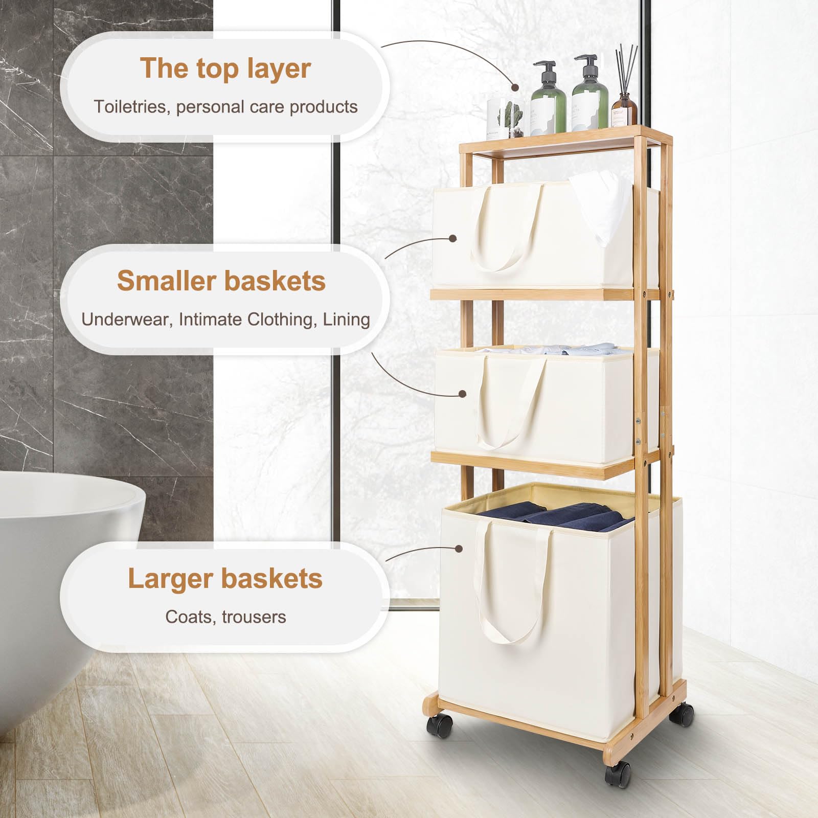 Homde 3-Tier Bamboo Laundry Basket with Wheels and Removable Hampers-Homde