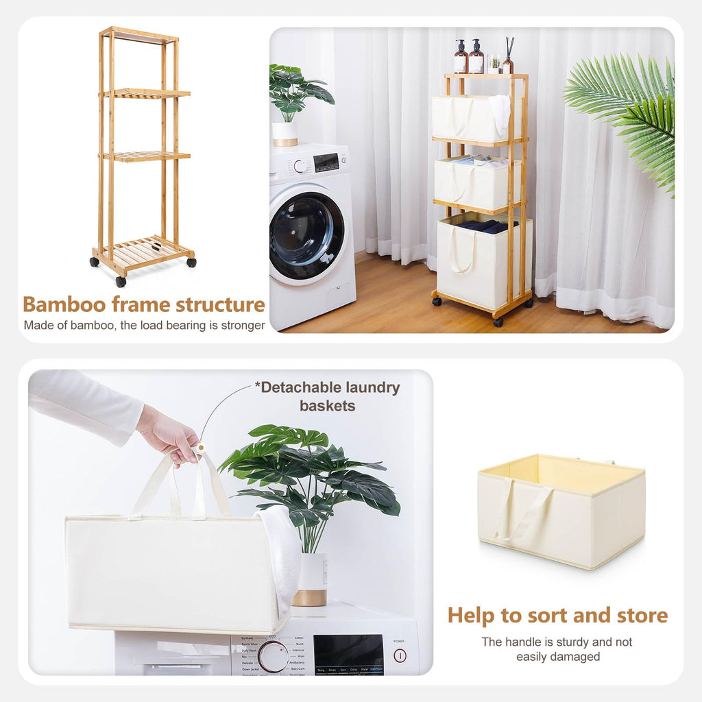 Homde 3-Tier Bamboo Laundry Basket with Wheels and Removable Hampers-Homde