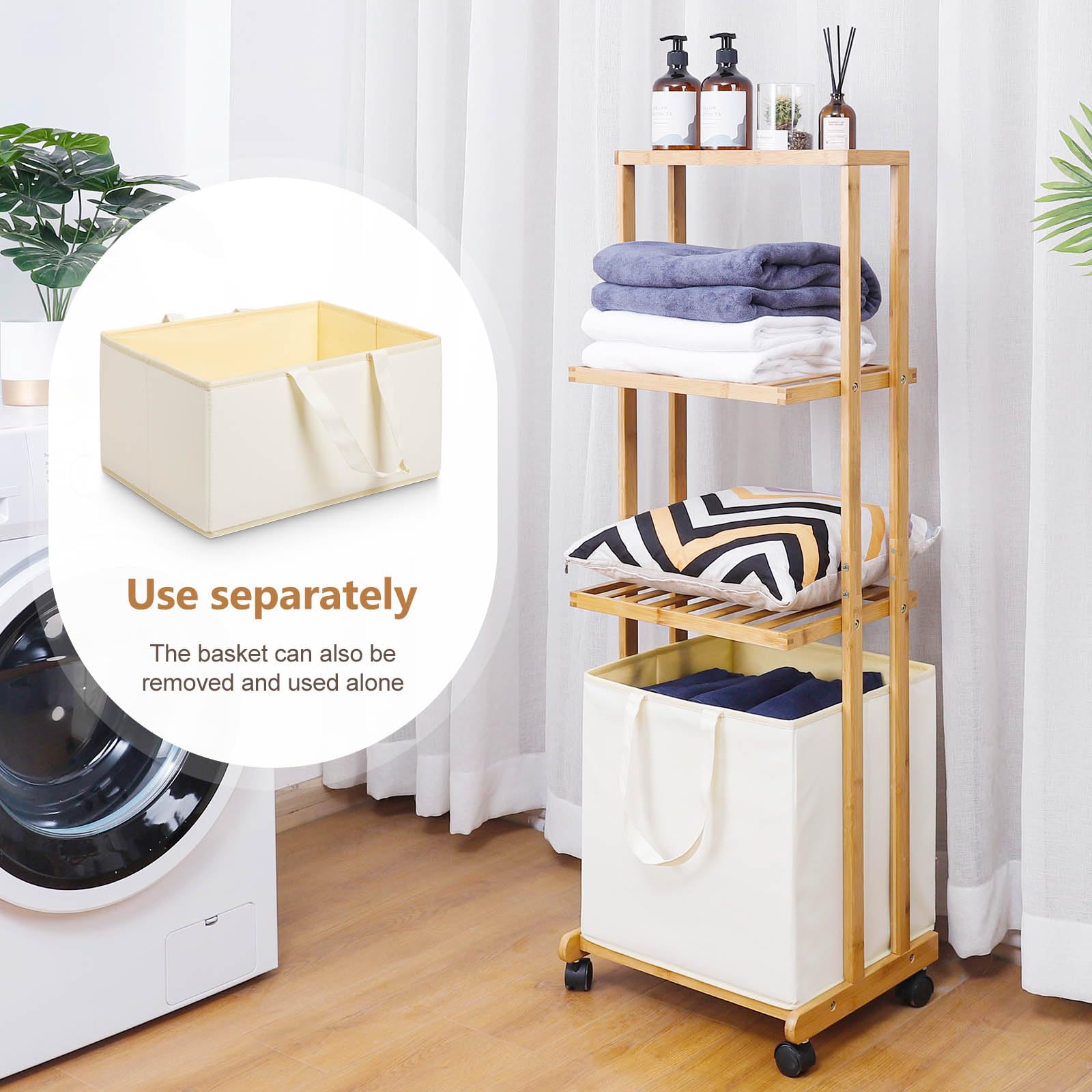 Homde 3-Tier Bamboo Laundry Basket with Wheels and Removable Hampers-Homde