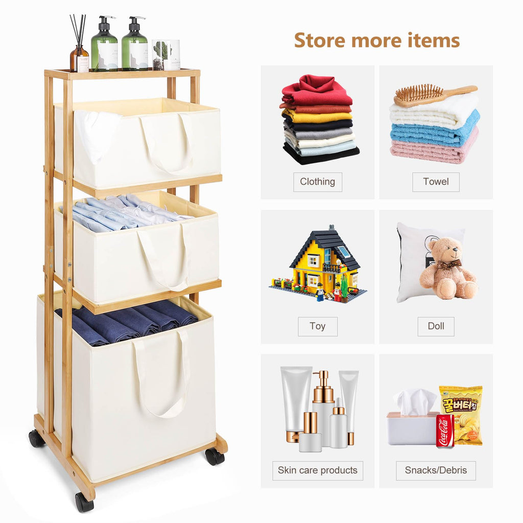 Homde 3-Tier Bamboo Laundry Basket with Wheels and Removable Hampers-Homde