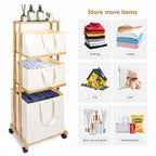 Homde 3-Tier Bamboo Laundry Basket with Wheels and Removable Hampers-Homde