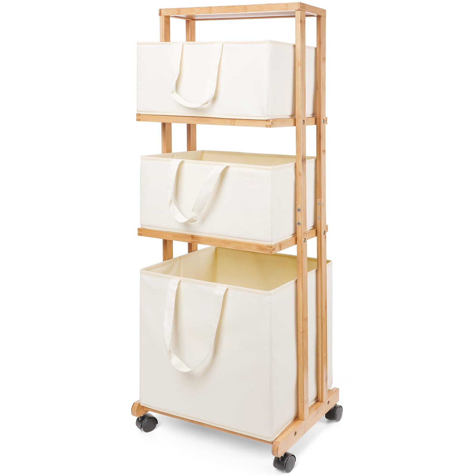 Homde 3-Tier Bamboo Laundry Basket with Wheels and Removable Hampers-Homde